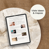 Das Mockup eines IPADS zeigt das eine Beispielseite des E-Books Hochzeitsplanung mit Herz & Kopf, einer Schritt für Schritt Anleitung von der Verlobung bis zur Trauung. Es liegt auf einer runden Marmor Tischplatte. Es ist das perfekte Geschenk für ein frisch verlobtes Paar. Der Button oben rechts besagt "Viele Ideen und Inspos".