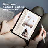 Hochzeitsplaner E-Book als PDF auf Tablet, digitale Hochzeitsplanung für Selbstplaner, Braut plant Hochzeit bequem von zuhause, Wedding Guide mit Schritt für Schritt Anleitung, Budgetplanung, Checklisten und Zeitplan, modernes Hochzeitsbuch für stressfreie Planung, perfekt für Verlobte die ihre Hochzeit flexibel und ortsunabhängig organisieren möchten.