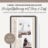 Das Bild zeigt ein Mockup eines IPADs mit dem E-Book Hochzeitsplanung als PDF Download. Es ist ein moderner Hochzeitsplaner für Selbstplaner, Schritt für Schritt Anleitung von Verlobung bis Trauung. Der Text gibt noch einige Infos: 122 Seiten Wedding Guide, digitales Buch mit Checklisten, Budgetplanung, Gästeliste und Zeitplan, stilvolles Design mit Tablet Mockup, perfekt für Brautpaare die ihre Hochzeit stressfrei selbst planen möchten.