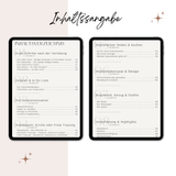 Die beiden Mockups zeigen die Inhaltsangabe des E-Books. Es ist alles dabei, was es benötigt, um eine Hochzeit zu planen. Er soll dem Brautpaar einen roten Faden bieten und eine stressfreie Planung ermöglichen. Folgende Kapitel sind enthalten: Erste Schritte nach der Verlobung, Zeitplan & to do Liste, Die Hochzeitslocation, Standesamt, Kirche oder Freie Trauung, Dienstleister finden & buchen, Hochzeitskonzept & Design, Brautkleid, Anzug & Outfits, Unterhaltung & Highlights.