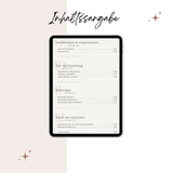 Das letzte Mockups zeigt die restliche Inhaltsangabe des E-Books, von der Locationsuche, über die Dienstleistersuche ist alles dabei, was es benötigt, um eine Hochzeit zu planen. Er soll dem Brautpaar einen roten Faden bieten und eine stressfreie Planung ermöglichen. Kapitel, die enthalten sind: Rechtliches & Organisation, Der Hochzeitstag, Sonstiges, Nach der Hochzeit.