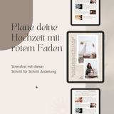 Das Mockup eines IPADS zeigt das Cover des E-Books Hochzeitsplanung mit Herz & Kopf, einer Schritt für Schritt Anleitung von der Verlobung bis zur Trauung. Es liegt auf einer beigen Unterlage. Es ist das perfekte Geschenk für ein frisch verlobtes Paar. Der Text sagt, dass man nun die Hochzeit mit einem roten Faden planen soll.