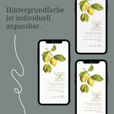 Digitale Save the Date Hochzeitskarte im Zitronen-Design mit individuell anpassbarer Hintergrundfarbe. Moderne E-Card auf Smartphone dargestellt, mit handgemalten Zitronen, Streifenhintergrund und eleganter Typografie. Personalisierbare digitale Hochzeitseinladung zum Selbstbearbeiten, nachhaltig und kostensparend. Ideal für Sommerhochzeit, mediterrane Hochzeit oder Italien-Wedding. Versand per WhatsApp, E-Mail oder Messenger.