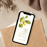 Digitale Save the Date Hochzeitskarte im mediterranen Zitronen-Design auf Smartphone. Moderne digitale Hochzeitseinladung mit gelben Zitronenillustrationen, sommerlich und elegant. Personalisierbare Save the Date E-Card zum Selbstbearbeiten, ideal für Hochzeiten im Sommer, Italien- oder Amalfi-Stil. Versand per WhatsApp, E-Mail oder Messenger, nachhaltig und ohne Druck.