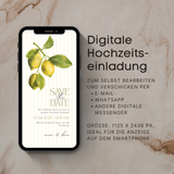 Digitale Save the Date Hochzeitskarte auf Smartphone mit mediterranen Zitronen-Design. Moderne digitale Hochzeitseinladung zum Selbstbearbeiten, nachhaltig und zeitsparend. Ideal zum Versenden per WhatsApp, E-Mail oder Messenger. Personalisierbare Save the Date E-Card für Hochzeit, minimalistisches Design, perfekt für Smartphone Anzeige.