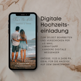 Digitale Save-the-Date Hochzeitseinladung auf einem Smartphone. Ein Paar steht arm in arm am Strand und blickt aufs Meer. Personalisierte Hochzeitskarte mit Foto, Namen und Datum, ideal zum Selbstbearbeiten und Versenden per E-Mail, WhatsApp oder andere Messenger.