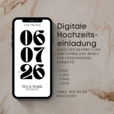 Digitale Hochzeitseinladung Save the Date als moderne E-Card im Smartphone-Mockup. Typografisches Design mit großem Hochzeitsdatum, personalisierbaren Namen und Text. Zum Selbstbearbeiten geeignet und ideal zum digitalen Versenden per E-Mail, WhatsApp oder anderen Messengern. Nach dem Bearbeiten kann es in unterschiedlichen Formaten heruntergeladen werden: PNG, PDF, JPG, SVG.