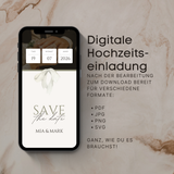 Digitale Hochzeitseinladung Save the Date als moderne E-Card auf dem Smartphone. Personalisierbare Hochzeitsvorlage mit Datum, Namen und eleganter Typografie. Ideal zum digitalen Versand per E-Mail oder WhatsApp. Nachhaltige, kostensparende Alternative zu gedruckten Karten. Canva Vorlage zum Selbstbearbeiten, optimiert für Smartphone-Anzeige.