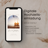 Digitale Save-the-Date Hochzeitseinladung auf einem Smartphone vor hellem Marmormotiv. Auf dem Display eine personalisierte Save-the-Date E-Card mit Paarfoto bei Sonnenuntergang am Strand, den Namen „Lena & Sebastian“ und dem Hochzeitsdatum. Rechts daneben Erklärung zu digitalen Hochzeitseinladungen mit Vorteilen wie nachhaltig, kostensparend, zeitsparend sowie schneller Versand per E-Mail oder WhatsApp.