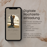 Smartphone mit digitaler Save-the-Date-Hochzeitseinladung auf neutralem Marmorkarton-Hintergrund. Auf dem Display ist eine personalisierbare Save-the-Date E-Card mit Paarfoto am Strand, Namen „Lena & Sebastian“ und Hochzeitsdatum zu sehen. Daneben Text mit Infos zur digitalen Hochzeitseinladung: selbst bearbeiten, Versand per E-Mail oder WhatsApp, Smartphone-optimiertes Format.