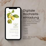 Digitale Save the Date Hochzeitskarte auf Smartphone mit mediterranem Zitronen-Design. Moderne digitale Hochzeitseinladung zum Selbstbearbeiten, nachhaltig und zeitsparend. Ideal zum Versenden per WhatsApp, E-Mail oder Messenger. Personalisierbare Save the Date E-Card für Hochzeit, minimalistisches Design, perfekt für Smartphone Anzeige.