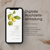 Digitale Save the Date Hochzeitskarte auf Smartphone mit mediterranem Zitronen-Design. Moderne digitale Hochzeitseinladung zum Selbstbearbeiten, nachhaltig und zeitsparend. Ideal zum Versenden per WhatsApp, E-Mail oder Messenger. Personalisierbare Save the Date E-Card für Hochzeit, minimalistisches Design, perfekt für Smartphone Anzeige.