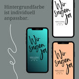 Digitale Save the Date Karte zur Hochzeit "Wir sagen ja" – moderne E-Card Vorlage zum Selbstbearbeiten in Canva. Informiere eure Gäste stilvoll und nachhaltig über euren Hochzeitstermin. Minimalistisches Design mit handgeschriebener Typografie, ideal für WhatsApp, E-Mail oder Social Media. Die Vorlage ist personalisierbar mit Namen, Datum und Text. Sofort-Download, kein Druck nötig. Hier wird deutlich gemacht, dass die Hintergrundfarbe individuell angepasst werden kann.