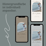 Übersicht mehrerer Smartphones mit digitalen Save-the-Date-Hochzeitskarten in unterschiedlichen Designs. Jede Karte zeigt ein individuelles Paarfoto am Strand, mit variierenden Hintergründen, Farben und Layouts. Text im Bild: „Euer Bild ist individuell anpassbar“. Darstellung betont die Personalisierbarkeit von Foto und Design der digitalen Save-the-Date E-Card für Hochzeiten.