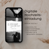 Digitale Hochzeitseinladung Save the Date als moderne E-Card. Smartphone-Mockup mit personalisierbarer Hochzeitsvorlage im minimalistischen Boho-Stil, Schwarz-Weiß Foto mit Händen und Farbfoto eines Paares am Meer. Bearbeitbar zur Selbstgestaltung und ideal zum Versenden per E-Mail, WhatsApp oder anderen Messengern. Format 1125 x 2436 Pixel, optimiert für Smartphones.