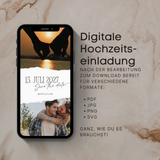 Digitale Hochzeitseinladung Save the Date als moderne E-Card im minimalistischen Boho-Stil. Smartphone-Mockup mit personalisierbarem Datum, Namen und Fotos in Schwarz-Weiß-Optik. Übersicht der Vorteile digitaler Einladungen: nachhaltig, kostensparend, zeitsparend sowie schneller und bequemer Versand per WhatsApp, E-Mail oder Messenger.