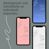 Digitale Save the Date Hochzeitskarte als personalisierbare E-Card auf mehreren Smartphones mit unterschiedlichen Farbvarianten. Elegantes, minimalistisches Design mit floraler Line-Art Illustration, moderner Schrift und Hochzeitsdatum. Hintergrund- und Schriftfarbe individuell anpassbar. Digitale Hochzeitseinladung zum selbst Bearbeiten, ideal zum Versand per WhatsApp, E-Mail oder Messenger, nachhaltige Alternative zu klassischen Papereinladungen.