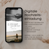 Digitale Hochzeitseinladung Save the Date als moderne E-Card mit Smartphone-Mockup. Minimalistisches Design im Boho-Stil mit personalisierbarem Datum, Namen und eigenen Fotos. Nach der Bearbeitung sofort zum Download verfügbar in PDF, JPG, PNG und SVG. Ideal zum digitalen Versenden per WhatsApp, E-Mail oder anderen Messengern.