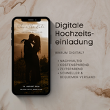 Digitale Save the Date Hochzeitseinladung als moderne E-Card mit romantischem Paarfoto bei Sonnenuntergang. Personalisierbare Hochzeits-Save-the-Date-Vorlage für Smartphone, individuell anpassbar in Canva mit Namen und Datum, nachhaltige Alternative zu Papierkarten, ideal zum Versenden per WhatsApp oder E-Mail.