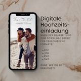 Digitale Save the Date Hochzeitseinladung als Smartphone E-Card mit Foto, personalisierbar in Canva. Moderne Hochzeits-E-Card mit Namen und Datum, nachhaltige Alternative zu Papierkarten, sofortiger Download als PDF, JPG, PNG oder SVG, ideal zum Versenden per WhatsApp oder E-Mail.