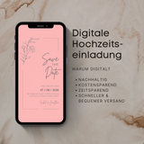 Digitale Save the Date Karte für Hochzeit mit individuellem Hintergrund und Schriftfarbe. Moderne Hochzeitseinladung als bearbeitbare Vorlage mit floralem Design in verschiedenen Farbvarianten wie Blau, Rosa und Weiß. Personalisierbare digitale Hochzeitskarte zum Download und Versand per Smartphone.