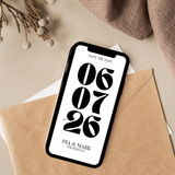 Digitale Save-the-Date Hochzeitseinladung als moderne E-Card im Smartphone-Mockup. Minimalistisches Design mit großer Typografie, Hochzeitsdatum im Fokus, personalisierbare Namen und Text. Weißer Hintergrund, ideal für moderne, cleane Hochzeiten. Perfekt als digitale Hochzeitseinladung zum Versenden per WhatsApp, E-Mail oder Messenger. Hintergrundfarbe passend zum Hochzeitsmotto.