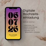 Digitale Hochzeitseinladung Save the Date als moderne E-Card im Smartphone-Mockup. Typografisches Design mit großem Hochzeitsdatum, personalisierbaren Namen und Text. Zum Selbstbearbeiten geeignet und ideal zum digitalen Versenden per E-Mail, WhatsApp oder anderen Messengern. Der Text erklärt, weshalb es gut ist eine digitale Einladung zu machen: zeitsparend, kostensparend, nachhaltig.