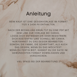 Anleitungsseite für eine digitale Save-the-Date Hochzeitseinladung mit Canva. Auf hellem Marmorhintergrund steht eine Schritt-für-Schritt-Erklärung: Nach dem Kauf erhält man eine PDF mit Link zur Canva-Vorlage im Format 1125 × 2436 px. Das Design kann individuell angepasst werden, inklusive Farben, Schriften und Layout, und anschließend im gewünschten Format heruntergeladen und digital versendet werden.