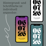 Übersichtsbild einer digitalen Save-the-Date Hochzeitseinladung mit verschiedenen Farbvarianten. Smartphone-Mockups zeigen, dass Hintergrund- und Schriftfarbe individuell anpassbar sind. Modernes, typografisches Design mit großem Datum, personalisierbaren Namen und Text. Ideal für moderne Hochzeiten und als digitale Einladung zum Versenden per WhatsApp, E-Mail oder Messenger.