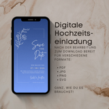 Digitale Hochzeitseinladung Save the Date als modernes E-Card Design auf Smartphone. Vorlage zum Selbstbearbeiten und Download in verschiedenen Formaten wie PDF, JPG, PNG und SVG. Ideal für digitale Hochzeitskarten, schnelle Einladung ohne Druck, perfekt für Versand per WhatsApp oder E-Mail.