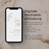 Digitale Save the Date Hochzeitskarte auf Smartphone mit floralem Design in Rosa. Moderne digitale Hochzeitseinladung zum Selbstbearbeiten, nachhaltig und zeitsparend. Ideal zum Versenden per WhatsApp, E-Mail oder Messenger. Personalisierbare Save the Date E-Card für Hochzeit, minimalistisches Design, perfekt für Smartphone Anzeige.