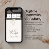 Digitale Save the Date Hochzeitskarte als E-Card auf einem Smartphone dargestellt. Minimalistisches, elegantes Design in Natur- und Beigetönen mit dekorativer Schleife, Datumsanzeige für Tag, Monat und Jahr sowie personalisierbaren Namen des Brautpaares. Moderne digitale Hochzeitseinladung zum selbst Bearbeiten und Versenden per WhatsApp, E-Mail oder Messenger.