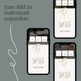 Darstellung mehrerer digitaler Save-the-Date Hochzeitseinladungen auf Smartphones mit unterschiedlichen Bildmotiven. Hinweis „Euer Bild ist individuell anpassbar“. Moderne, minimalistische Save-the-Date E-Card mit Datum, Schleifenillustration und personalisierbarem Design. Digitale Hochzeitseinladung als Canva Vorlage, nachhaltig, zeit- und kostensparend, ideal zum Versand per WhatsApp oder E-Mail.