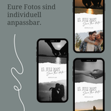 Übersichtsbild einer digitalen Save-the-Date Hochzeitsvorlage mit mehreren Smartphone-Mockups. Moderne, minimalistische E-Card im Boho-Stil mit personalisierbarem Datum, Namen und Text. Verschiedene Beispiel-Fotos zeigen, dass eigene Bilder individuell einsetzbar sind. Neutrale Naturfarben, elegante Typografie, ideal als digitale Hochzeitseinladung per WhatsApp, E-Mail oder Social Media.