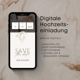 Save the Date E-Card für Hochzeiten als digitale Einladung im modernen, zeitlosen Stil. Nachhaltige und zeitsparende Hochzeitskarte zum sofortigen Download. Individuell anpassbar mit Namen und Hochzeitsdatum. Perfekt für Paare, die ihre Hochzeitseinladung digital, schnell und unkompliziert per Smartphone versenden möchten.