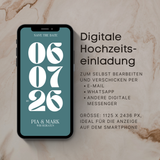 Digitale Hochzeitseinladung Save the Date als moderne E-Card im Smartphone-Mockup. Typografisches Design mit großem Hochzeitsdatum, personalisierbaren Namen und Text. Zum Selbstbearbeiten geeignet und ideal zum digitalen Versenden per E-Mail, WhatsApp oder anderen Messengern. Format 1125 x 2436 Pixel, optimiert für die Anzeige auf dem Smartphone.