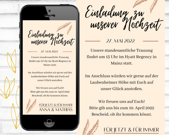 Digitale Hochzeitseinladung | Wedding | E-Cards | Boho | Feder | Zum Versenden per WhatsApp / E-Mail