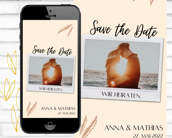 Digitale Save the date Karte | Wedding | E-Cards | Boho | Feder | Zum Versenden per WhatsApp / E-Mail